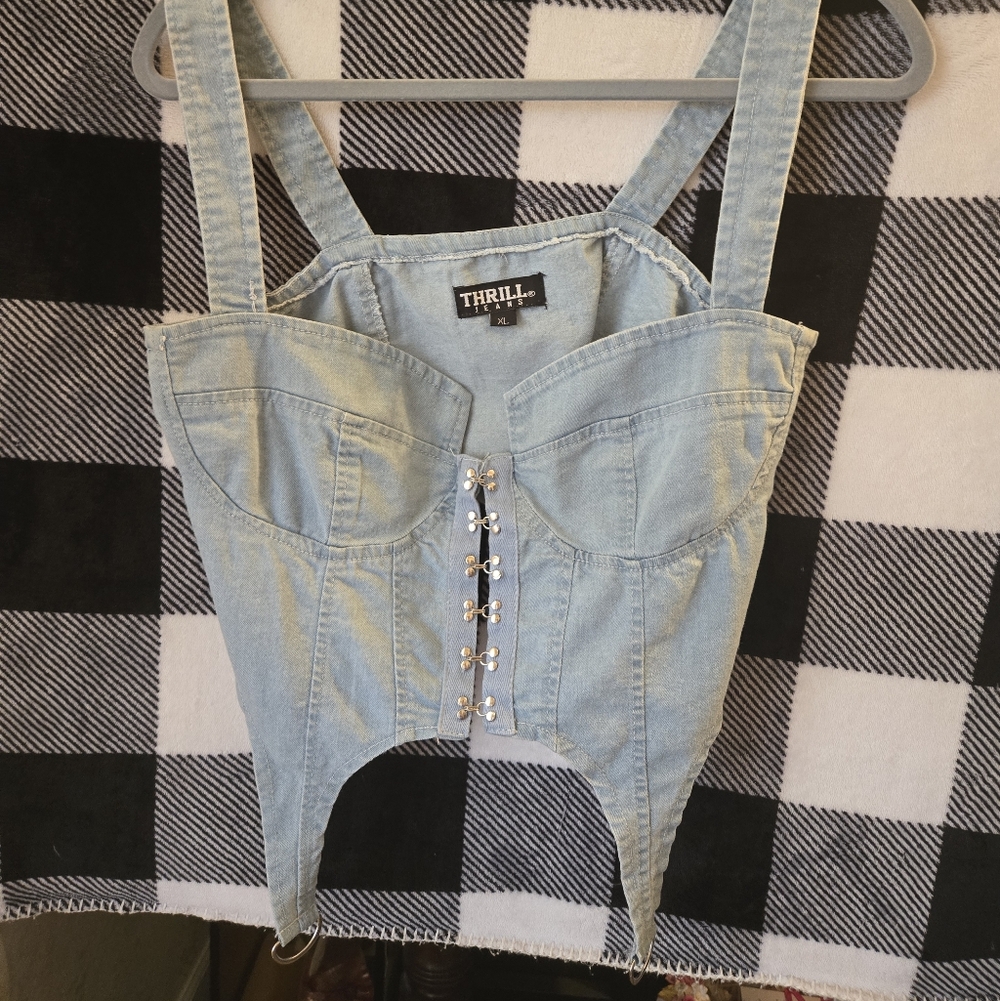 Thrill Light Blue Denim Corset Tank with Hook Details